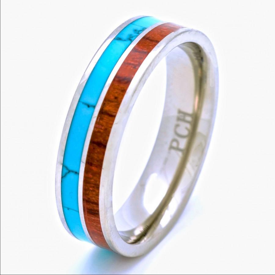 Hochzeit - Titanium Wedding Ring with Hawaiian Koa Wood and Turquoise Inlay 6mm Comfort Fit