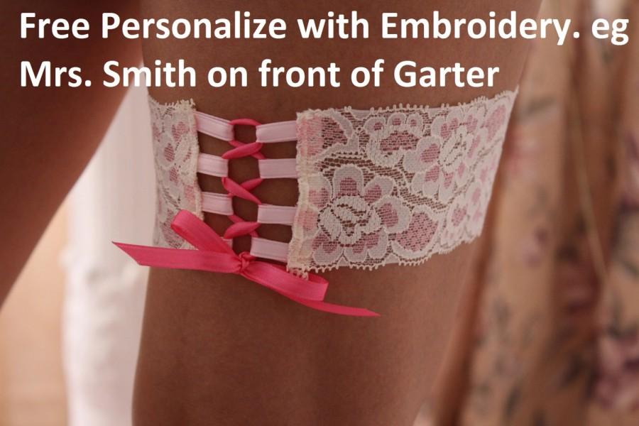 زفاف - Custom name and date Monogrammed Corset Garters, Wedding Bride, WHITE lace or PINK lace garter, Custom Size from Petite to Plus Size F11