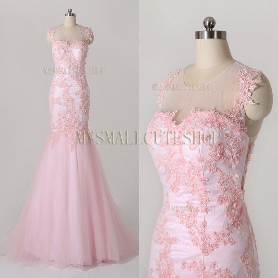 Hochzeit - Pink bridesmaid dress,Tulle prom dress,Sweep train formal dress,Mermaid party dress,Scoop neck evening dress,Lace applique Woman dress