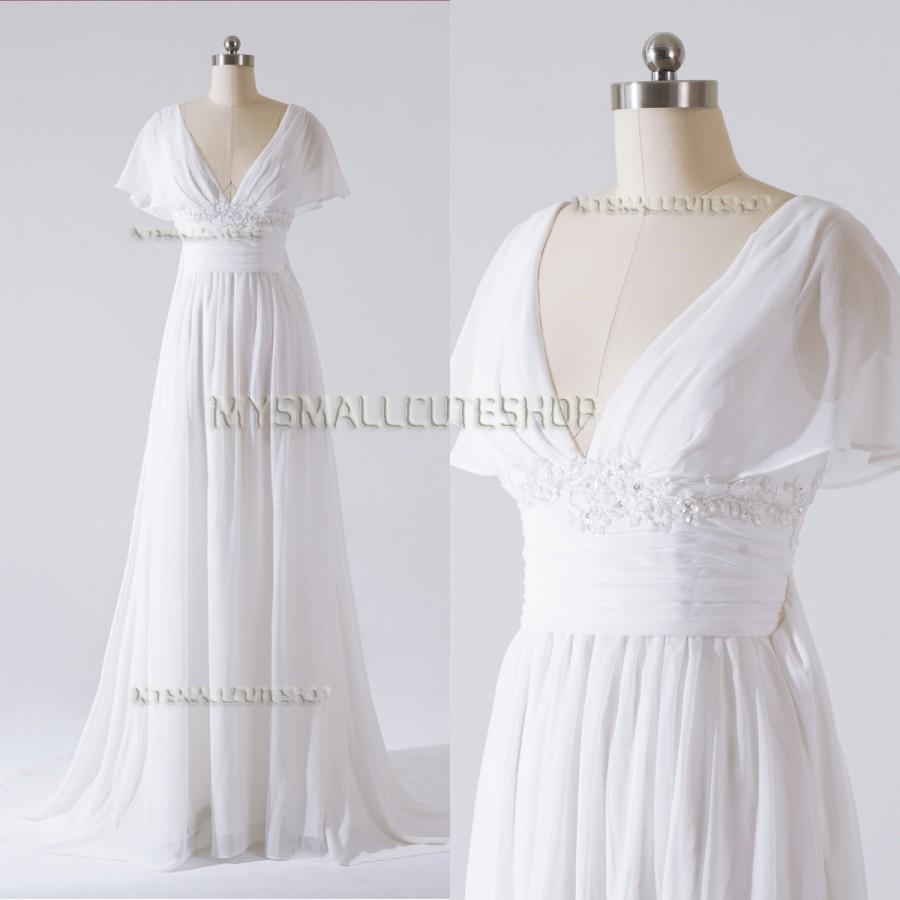 زفاف - White prom dress,Chiffon bridesmaid dress,Sweep train formal dress,A-line party dress,V-Neck evening dress,Beading Woman dress