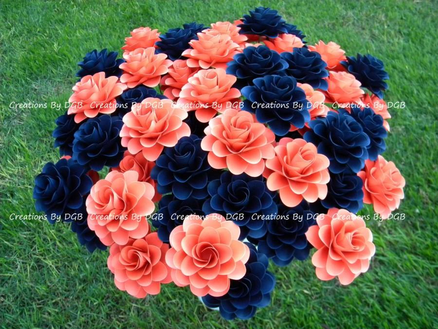 زفاف - Wedding Paper Flowers - Stemmed Dark Coral and Navy Blue Paper Flowers - 25  pcs - MADE TO ORDER - For Weddings, Showers, Centerpiece, Gifts