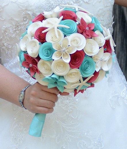 Wedding - Beach Wedding Bouquet, Beach Bouquet, Desination Wedding Bouquet, Brooch, Starfish, Aqua Blue, Ivory, Pink