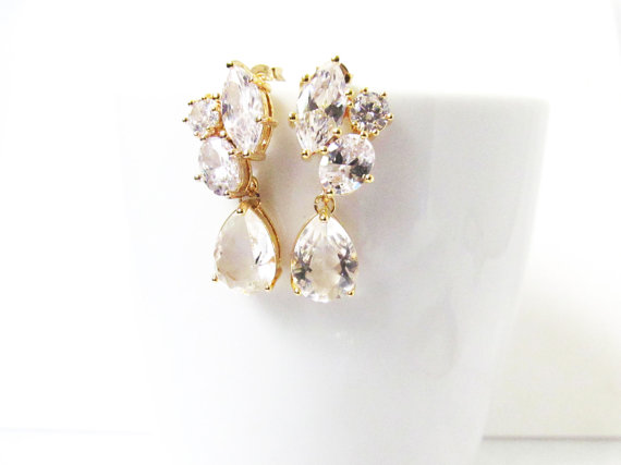 Mariage - Crystal Bridal Earrings gold, Bridal Cluster Earrings, Bridesmaids Earrings, Crystal Bridal Earrings, Crystal Studs