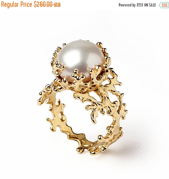 Wedding - SALE 20% Off - CORAL Gold Pearl Ring, Pearl Engagement Ring, Gold Engagement Ring, Statement Ring, Large Pearl Ring, Unique Pearl Ring
