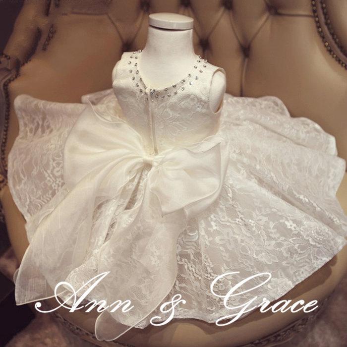 Hochzeit - Ivory Lace and Tulle Rhinestone Flower Girl Dress, Christening Dress, First Communion Dress, Baptism Dress