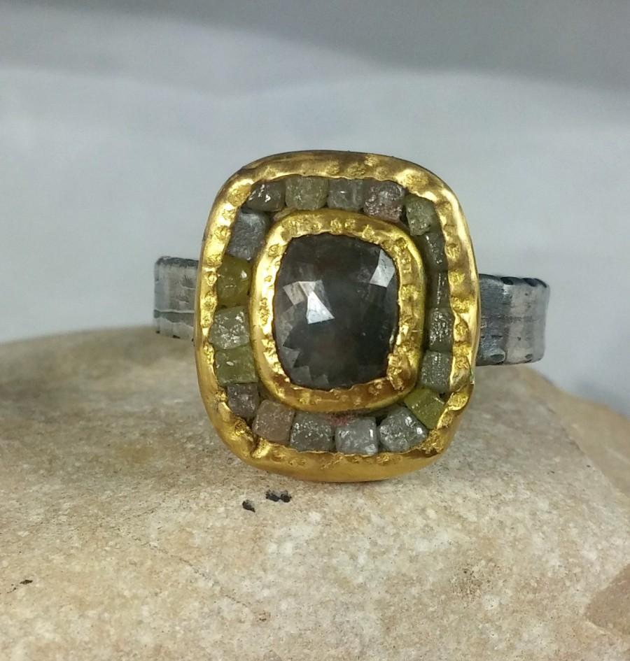 زفاف - Rose cut diamond ring, engagement ring, multistone ring, 22 kt gold ring, silver gold and raw diamond ring