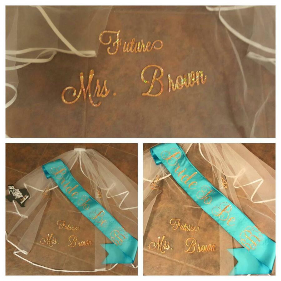 Wedding - Combo Monogrammed Satin Sash & Future Mrs. Veil -Bachelorette Party or Bridal Shower Gift for Bride - Design Your Own, Personalized