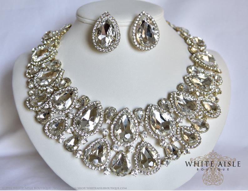 زفاف - Gold Bridal Jewelry Set, Crystal Statement Necklace Earrings, Vintage Inspired Bridal Necklace, Bridal Earrings, Wedding Necklace Set