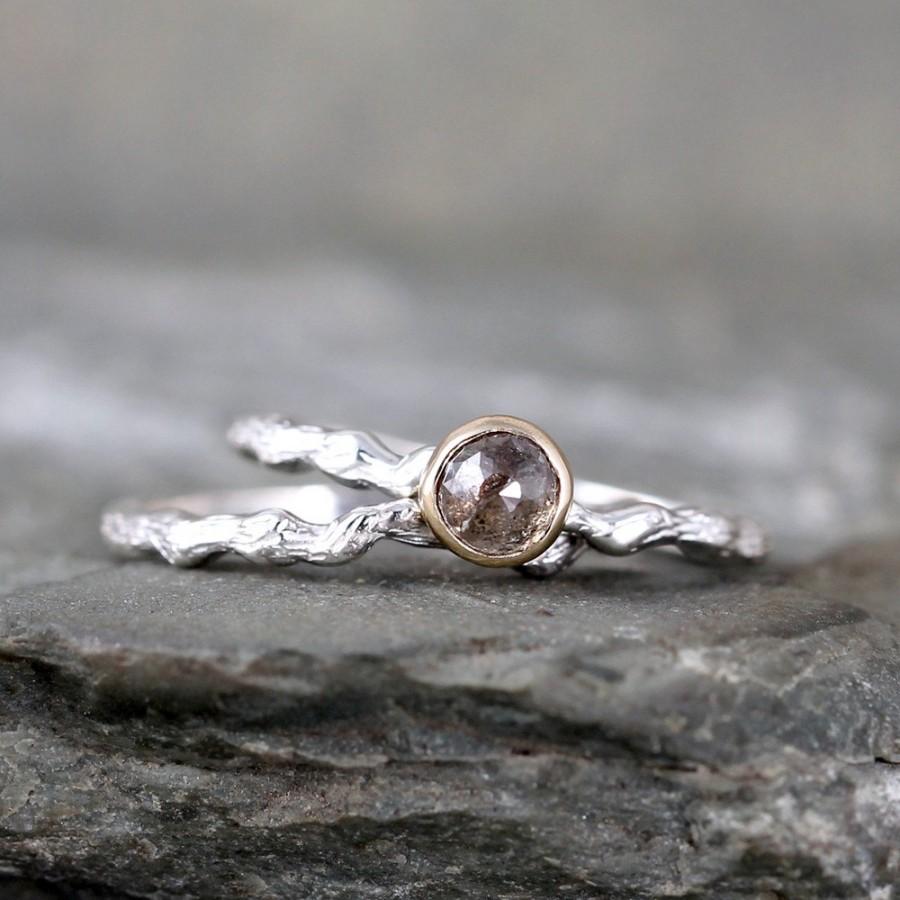 Wedding - Brown Rose Cut Diamond Twig Engagement Ring - Sterling Silver 14K Yellow Gold  - Tree Branch Rings - Nature - Alternative Engagement Ring