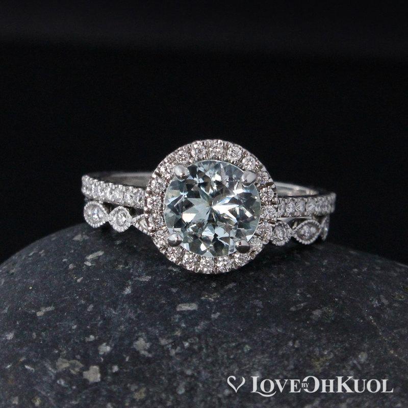 Wedding - Blue Aquamarine Diamond Halo Engagement Ring – Milgrain Diamond Wedding Band - Set of Rings