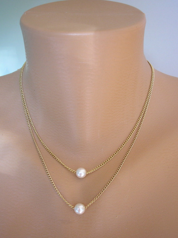 Wedding - Minimalist Pearl Necklace, Floating Pearl Necklace, Bridesmaid Gift, Layered Jewelry, Delicate Jewelry, Double Strand, Gold