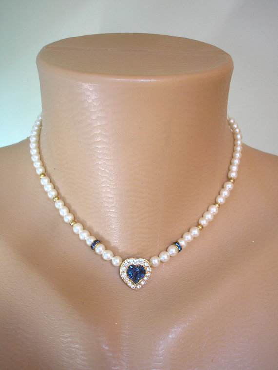 زفاف - Sapphire And Pearl Bridal Necklace, Pearl Bridal Choker, Necklace And Earrings, Cream Pearls, Blue Wedding Jewelry, Blue Heart Necklace