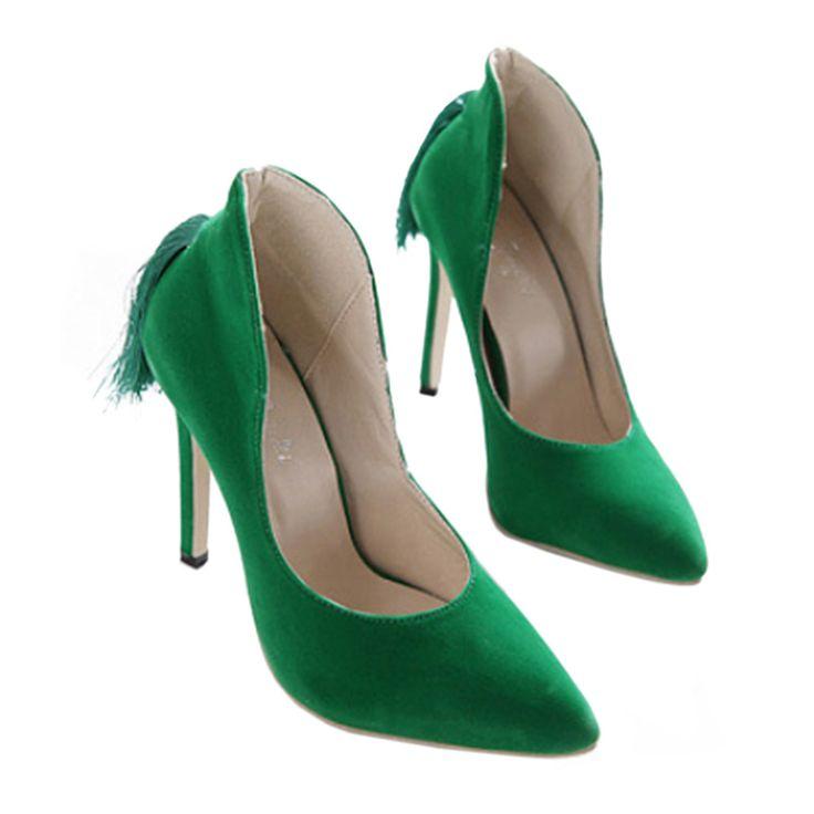 زفاف - Back Heel Tassel Pointed Thin High Heel Low-cut Wedding Shoes Green 35