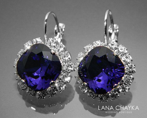 Wedding - Dark Violet Crystal Halo Earrings Swarovski Purple Velvet Rhinestone Violet Leverback Sparkly Earrings Deep Violet Jewelry Wedding Earrings