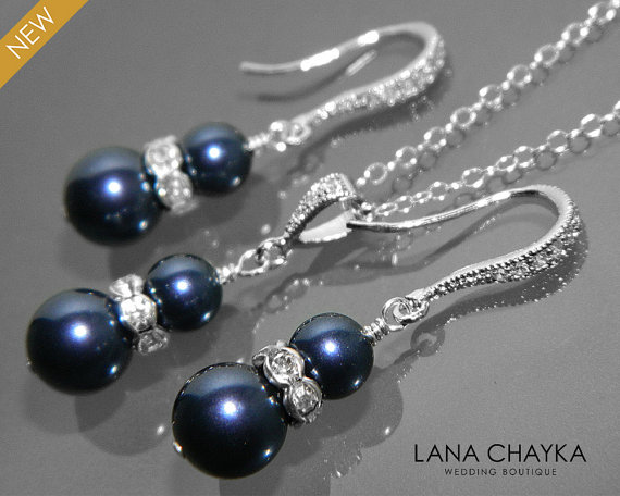 Wedding - Navy Blue Pearl Earrings and Necklace Set STERLING SILVER Cz Pearl Set Swarovski Night Blue Pearl Jewelry Set Wedding Dark Blue Jewelry Set