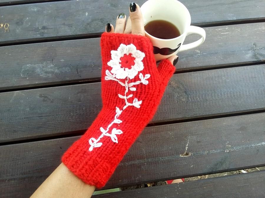 Mariage - Red Knit Gloves, Gloves Red Crochet, Handmade Gloves, Fingerless Gloves, Knitted Gloves, Winter Gloves, Hand Warmer, Women's Gloves