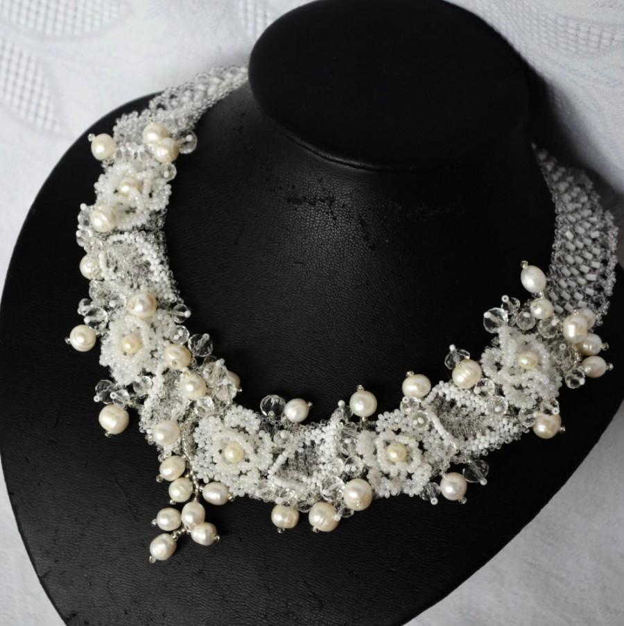 زفاف - White Pearl Wedding Beaded Necklace with Roses Flowers, Floral Necklace, Bridal Necklace, Bridesmaids Necklace, Wedding Jewelry,Gift for Her