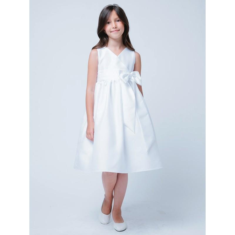 زفاف - White V-Neck Poly Dupioni Dress w/ Bow Style: DSK543 - Charming Wedding Party Dresses