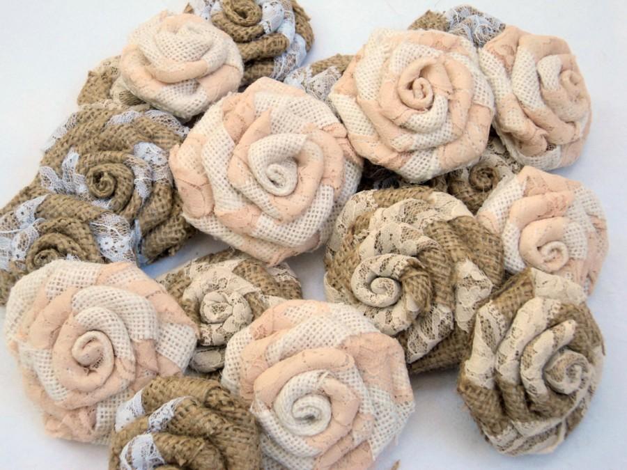 Hochzeit - Set of 10 Burlap with Lace Roses Burlap and Lace Flowers Cake Toppers Wedding Decorations