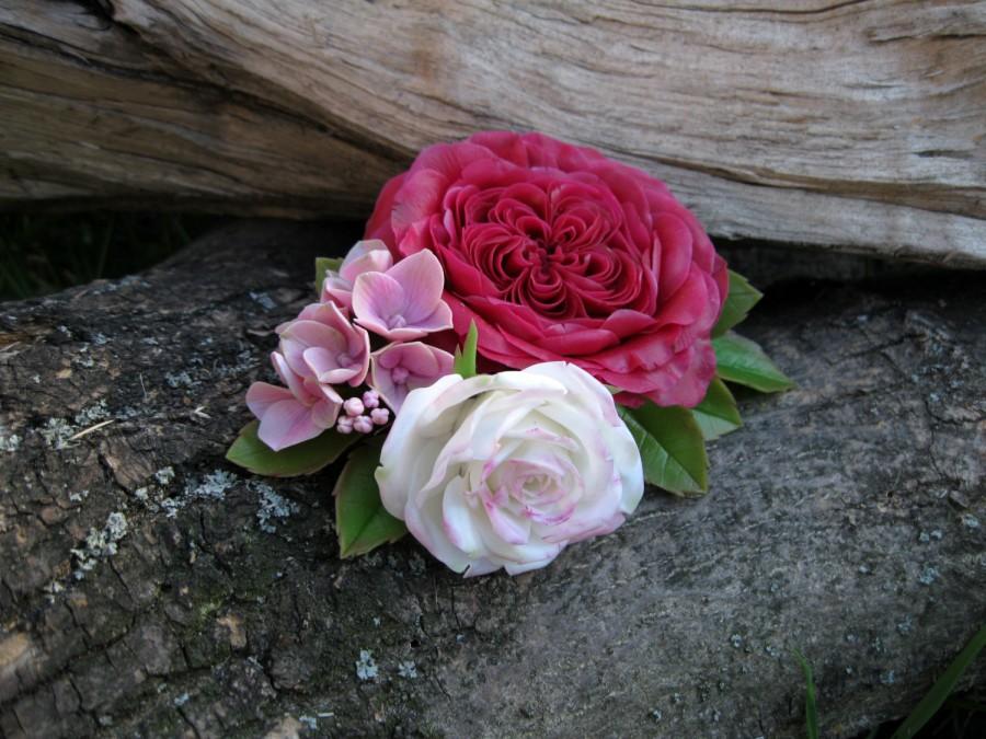 Mariage - Flower fascinator Rose barrette English rose hair clip Wedding hair flower rose Bridal flower clip Pink hair flower Polymer clay rose
