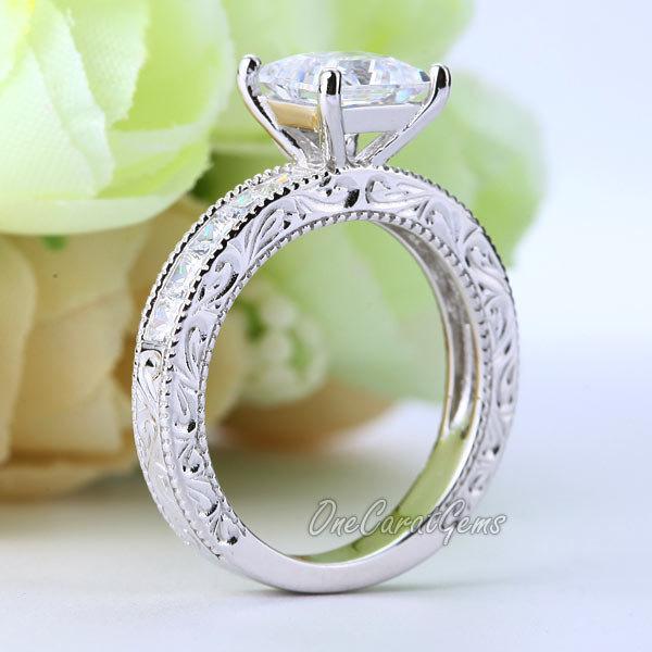 زفاف - Vintage Style Art Deco Engagement Ring 1.5 Ct Princess Cut Lab Made Diamond 925 Sterling Silver Wedding Bridal