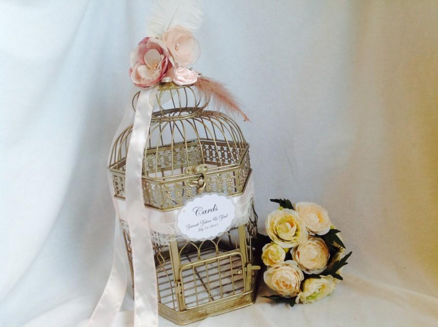 Wedding - Champagne Gold Birdcage Wedding Card Holder. Gold, blush pink birdcage.Large Champagne Gold Wedding Birdcage Card Holder, Wedding Card Box.