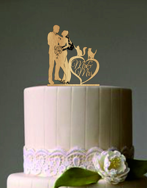 Wedding - Bride and Groom Wedding Cake Topper with two cats - Mr and Mrs Wedding Cake Topper - Rustic Wedding Cake Topper - Silhouette Wedding Topper