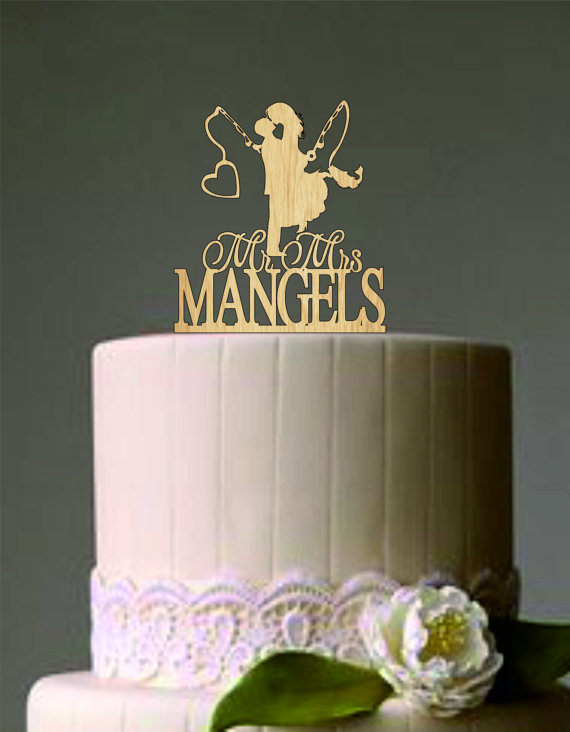 Mariage - Wedding Couple Fishing Pole Heart - Unique Wedding Cake Topper - Custom Personalized Wedding Cake Topper - Wedding Decor Heart