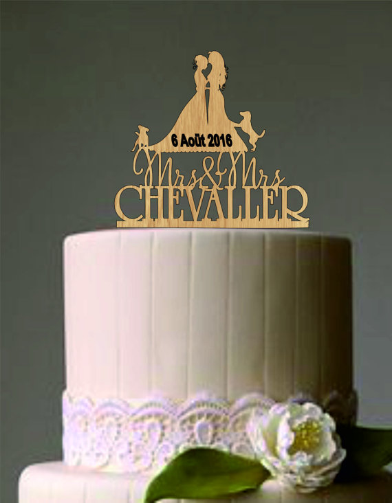 Hochzeit - Lesbian Cake Topper, Same Sex Cake Topper, Mrs and Mrs Wedding Cake Topper, dog or cat cake topper, Rustic Wedding Cake, Unique cake topper