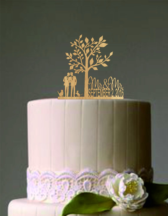 Hochzeit - Gay wedding cake topper with dog or cat - same sex wedding cake topper silhouette - same sex silhouette cake topper - mr and mr cake topper