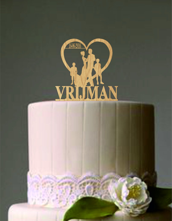 زفاف - Family Wedding Cake Topper - Bride and Groom with two little boy or little girl silhouette - Unique cake topper - Rustic Wedding cake topper