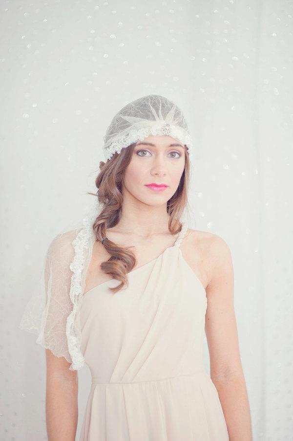 Свадьба - Silk tulle bridal cap with vintage brooch and alencon lace