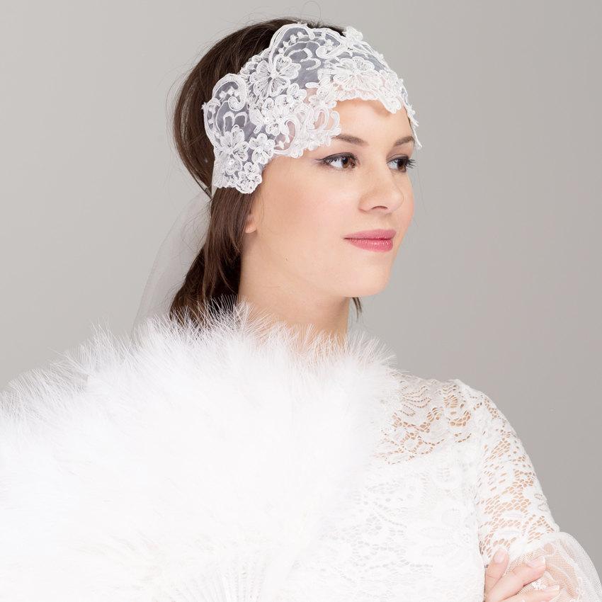 زفاف - Bridal Beaded Lace Headband Headpiece - 20s Inspired Pearl Beading Embroidery Flower Wedding Hair Accessories