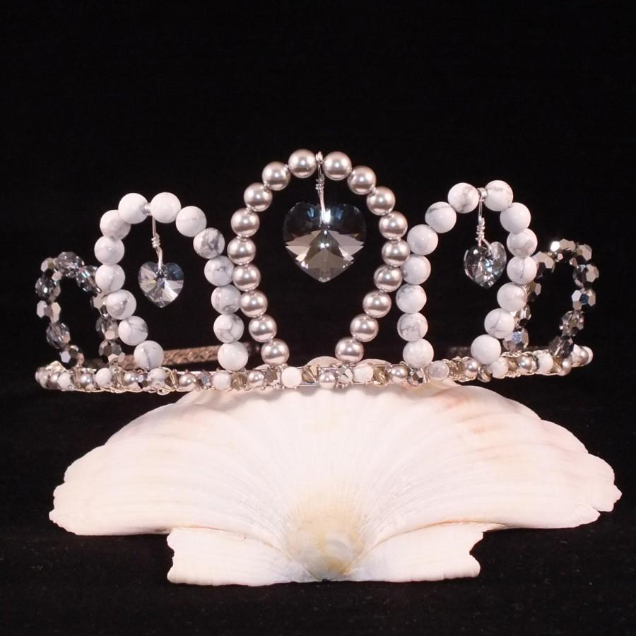 زفاف - Swarovski Crystal Tiara With Silver Pearl, Crystal Hearts And White Howlite For Bride, Bridesmaid, Prom