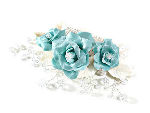 زفاف - Wedding hair comb, Bridal hair flowers, Tiffany blue roses with crystals, Bridal hair piece Wedding hair flowers, Handcrafted hair jewellery