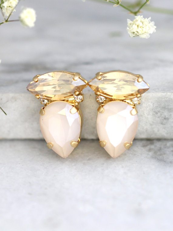 زفاف - Cream Ivory Earrings, Bridal Ivory Earrings, Swarovski Cream Earrings, Nude Crystal Earrings, Champagne Earrings, Bridesmaids Earrings