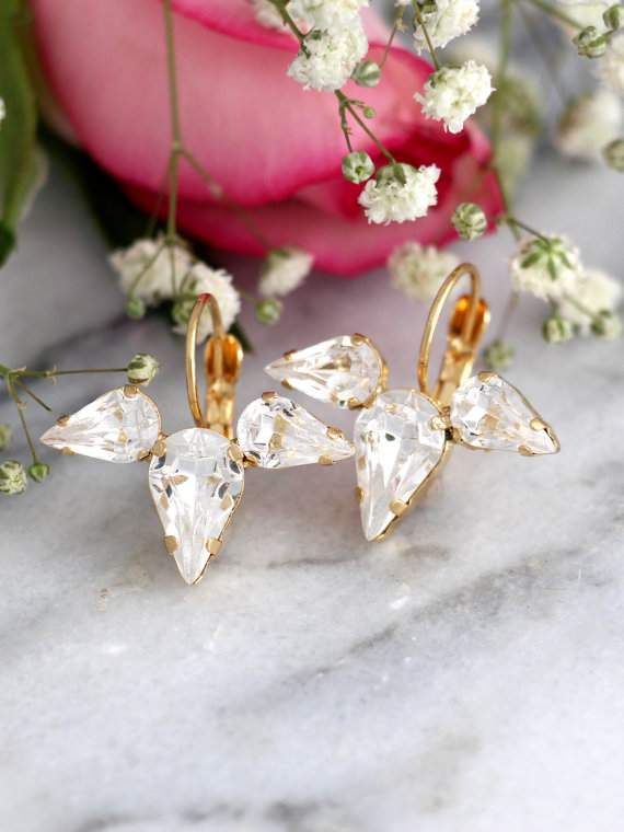 زفاف - White Crystal Drop Earrings, Bridal Drop Earrings, Swarovski Drop Earrings, Bridesmaids Earrings, Gift For Her,Bridal Clear Crystal Earrings