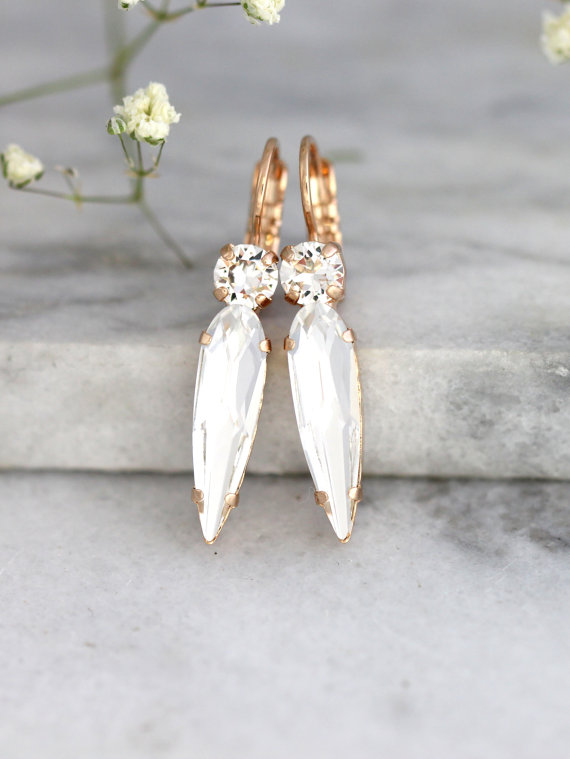 زفاف - White Crystal Drop Earrings, Bridal Drop Earrings, Swarovski Drop Earrings, Bridesmaids Earrings, Gift For Her,Bridal Clear Crystal Earrings