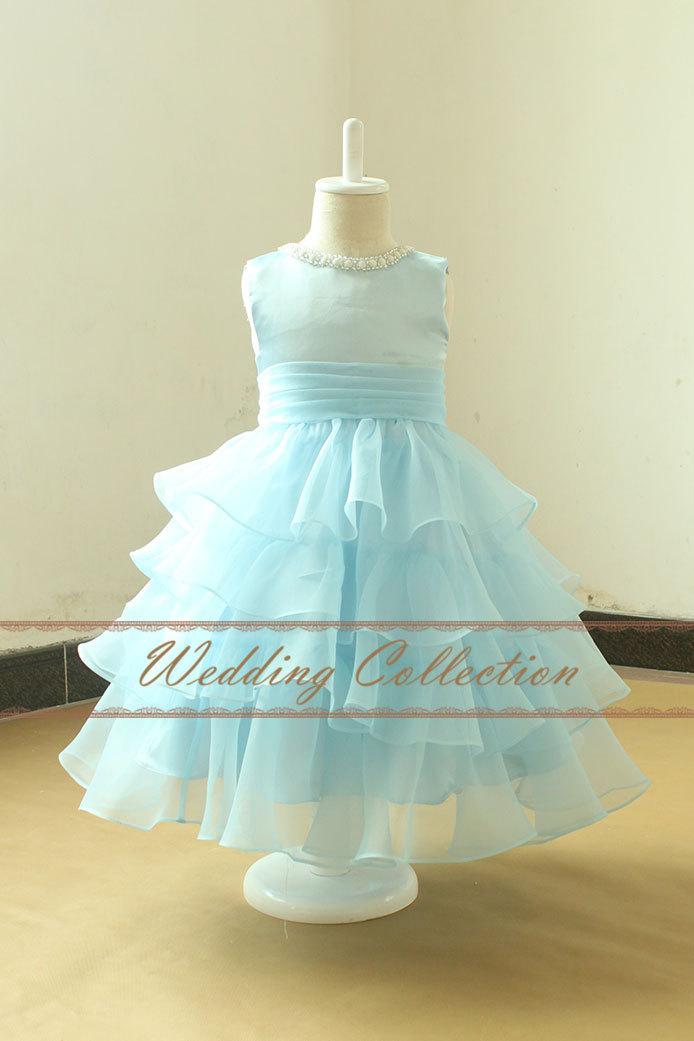 Wedding - Light Blue Flower Girl Dress Layered Tulle Skirt Pleated Waistband