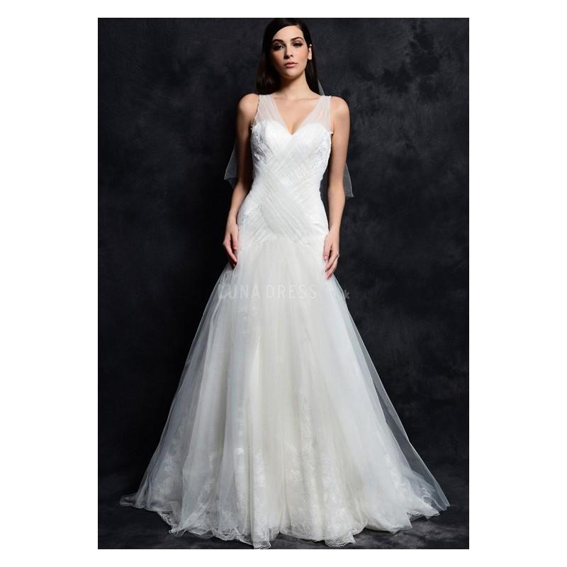 Hochzeit - Brilliant A line V Neck Tulle & Lace Dropped Waist Floor Length Wedding Dress - Compelling Wedding Dresses