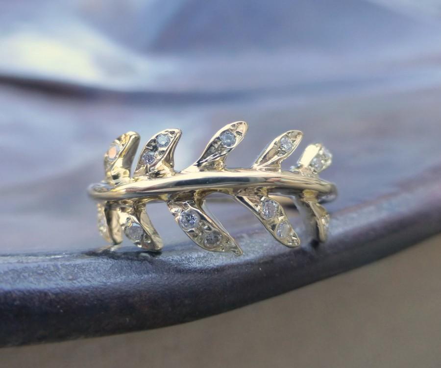 زفاف - Laurel leaf engagement ring. 14k yellow gold wreath ring. Diamond leaf ring. Anniversary leaf vine ring. Ready to ship.