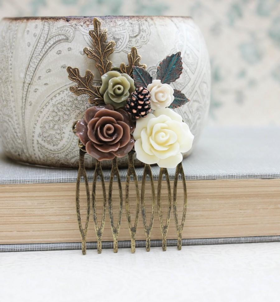 Mariage - Floral Hair Comb Leaf Hair Accessories Neutral Earth Tones Cream Brown Rose Flower Fall Autumn Woodland Wedding Pine Cone Gift for Women