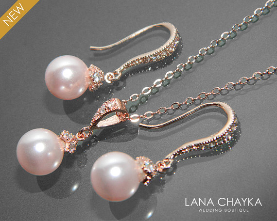 زفاف - Rose Gold Pink Pearl Jewelry Set Bridal Pearl Necklace&Earring Small Set Swarovski 8mm Rosaline Pearl Set Drop Blush Pink Pearl Jewelry Set
