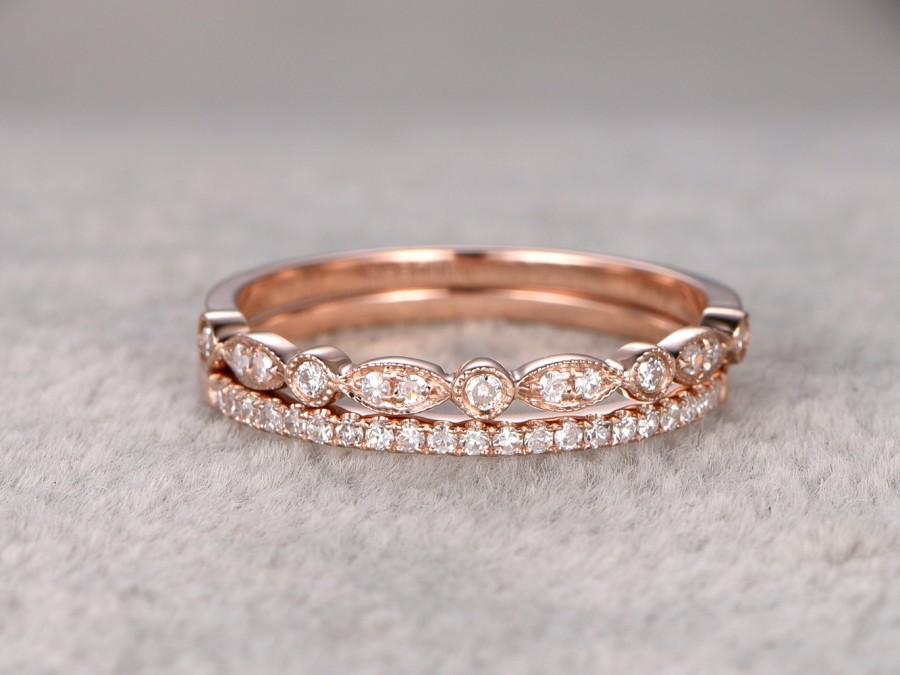 زفاف - 2pcs Half Eternity Wedding Ring,Diamond ring,Solid 14K Rose gold,Anniversary Ring,Art deco Marquise style,stacking,milgrain,Matching band