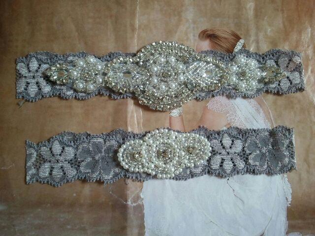 Hochzeit - SALE - Wedding Garter Set - Pearl & Rhinestone Garter Set on a Silver/Gray Colored Lace - Style G10023