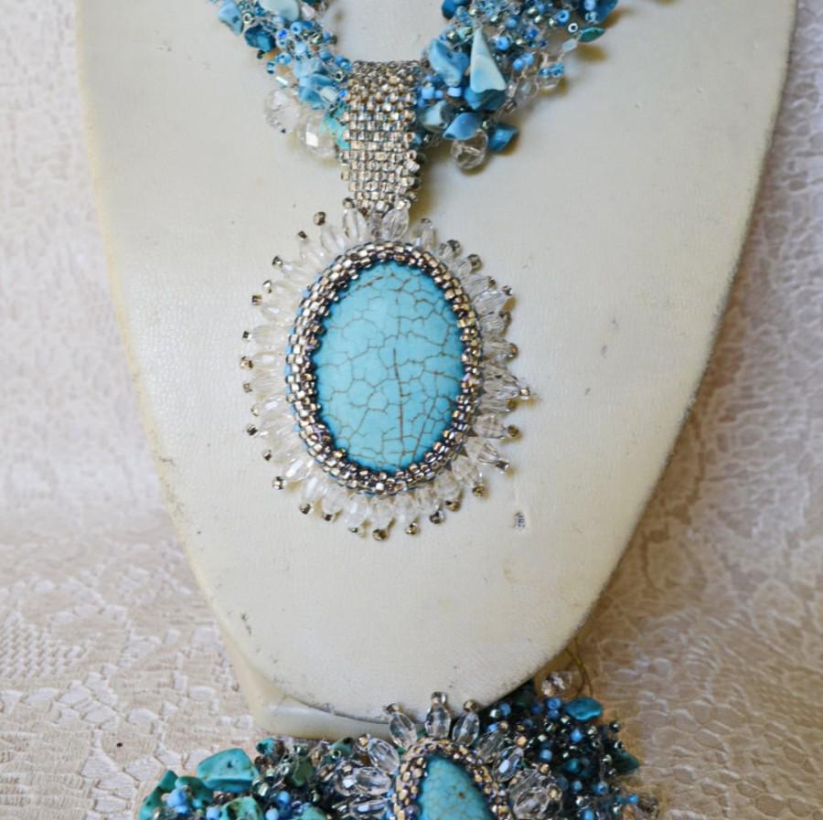 Hochzeit - Turquoise Jewelry Statement Multi Strand Beaded Necklace, Beading Choker with Pendant , Beadwork, Fashion jewelry, Womens Gift, Gift for Her