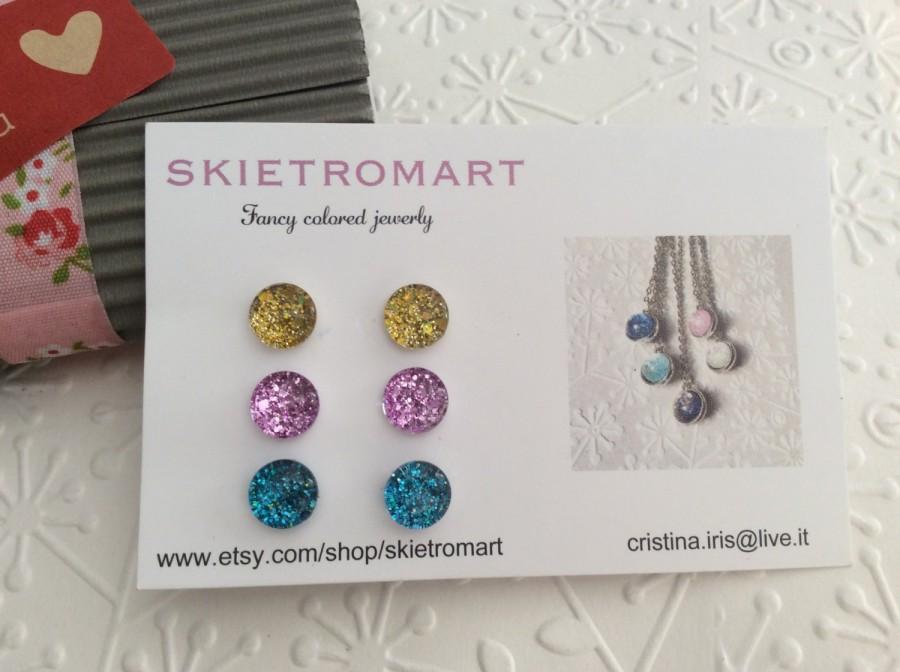 Hochzeit - Stud earrings,SPECIAL PRICE!!!!Set of three stud earrings glitter,3 pairs stud earrings,glitter stud earrings,tiny stud resin set three