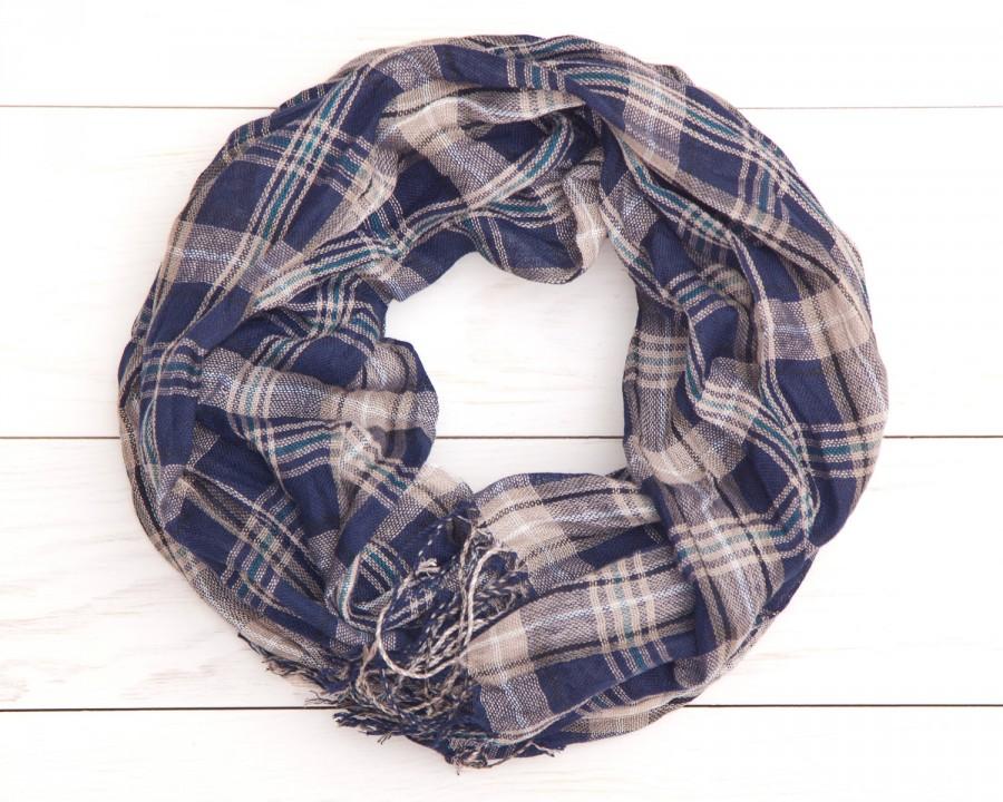 Hochzeit - Checkered Scarf, plaid scarf, Blue Beige Scarf, womens scarves, valentines gift
