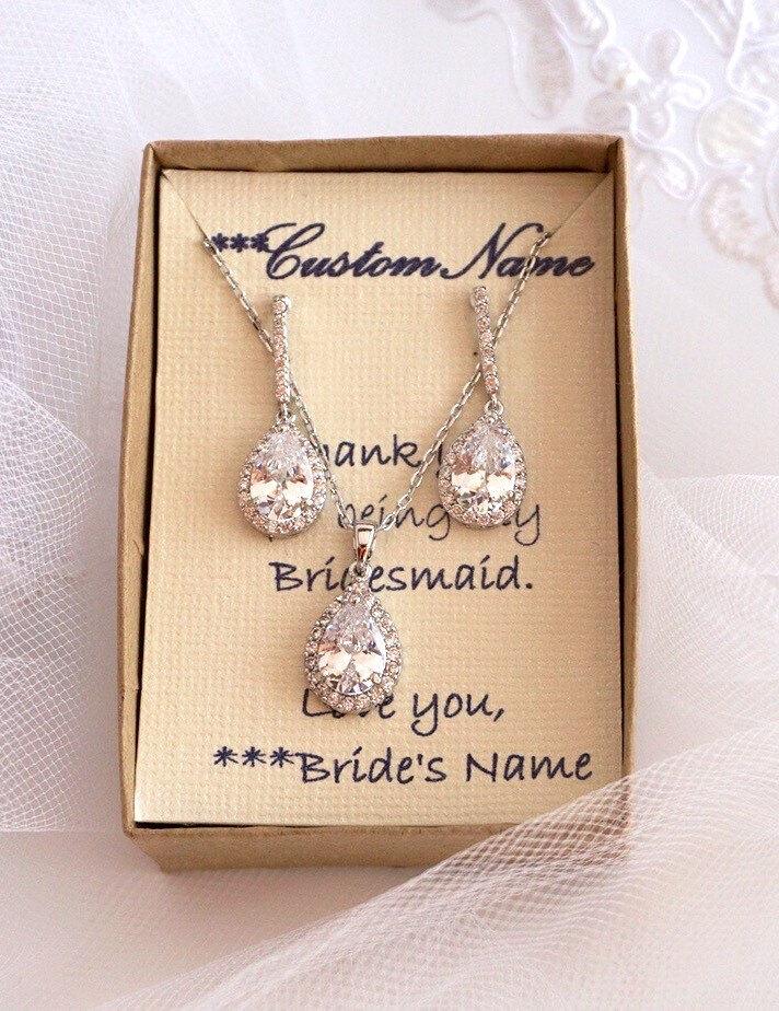 Mariage - Bridesmaids Jewelry Set, Wedding Necklace, Bridal Jewelry set, CZ Teardrop Pendant Necklace, Bridesmaids Jewelry Set