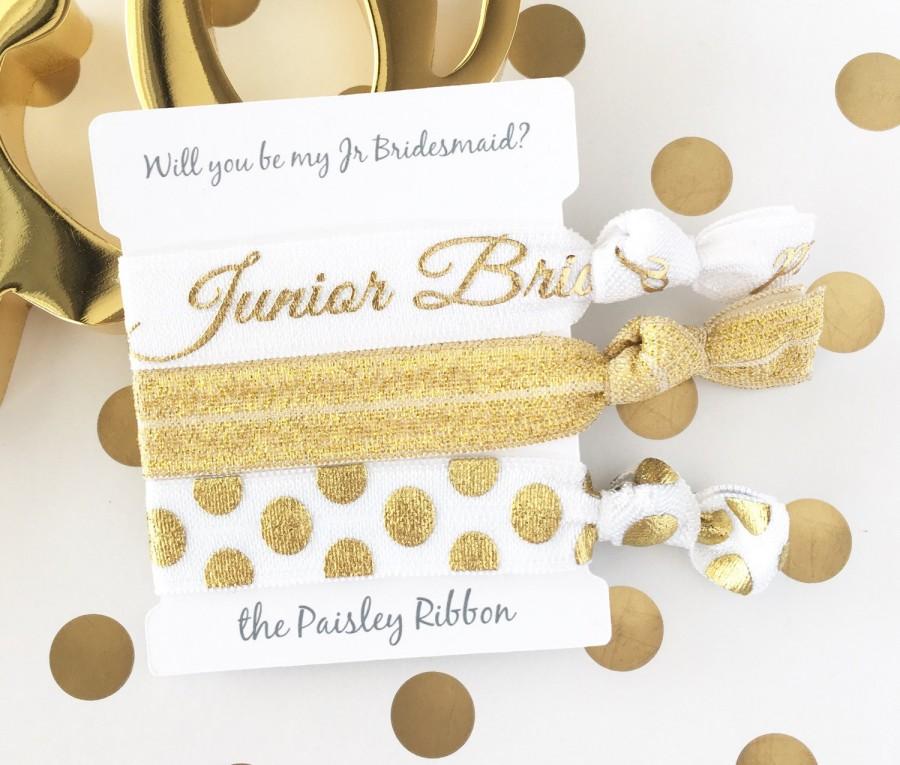Hochzeit - White and gold Will you be my Junior Bridesmaid hair tie set with display card, jr bridesmaid gift, jr bridesmaid favor, jr bridesmaid bag